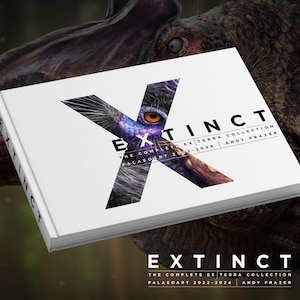 May include: A white book titled "EXTINCT" with a large "X" featuring a dinosaur eye. The book's title is in bold black letters. The book is part of the "EX TERRA COLLECTION" by Andy Frazer, Palaeoart 2022-2024.