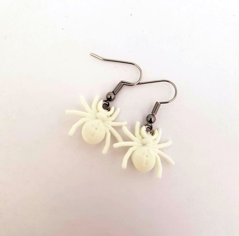 LEGO® inspired Halloween white glow in the dark spider drop earrings surgical steel geek jewellery image 2