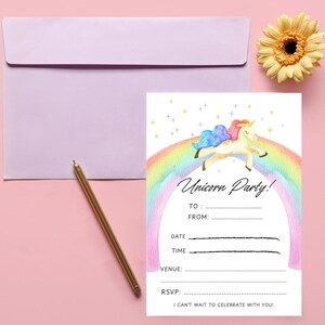 Faire-part d'anniversaire arc-en-ciel licorne, faire-part d'anniversaire pour enfants à remplir, faire-part de fête de fille, téléchargement immédiat, carte A6, impression à la maison