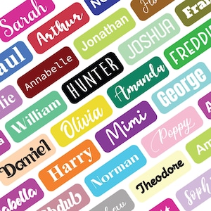 May include: A collection of rectangular adhesive labels in various colours, each featuring a unique name printed in white or black text. The names include Sarah, Arthur, Jonathan, Joshua, Freddie, Paul, Annabelle, Hunter, Amanda, George, William, Olivia, Mimi, Poppy, Daniel, Harry, Norman, Theodore, Isabella, and Sophie.