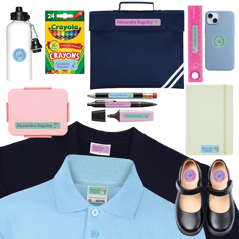 May include: A collection of school supplies and accessories, including a water bottle, crayons, a lunchbox, a ruler, a phone case, a notebook, pens, a highlighter, a navy blue blazer, a light blue polo shirt, and black Mary Jane shoes. Each item is labeled with "Alexandra Baguley".