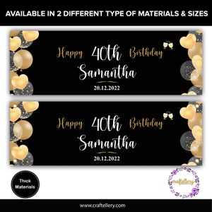May include: Black and gold birthday banner with balloons and the text "Happy 40th Birthday Samantha 20.12.2022".