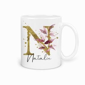 Personalised Mug, Gold Glitter and Floral Initial Name Cup Gift for Friends, Coffee Mug Gift for Her, Bridesmaid Gift, Mothers Day Gift Cup