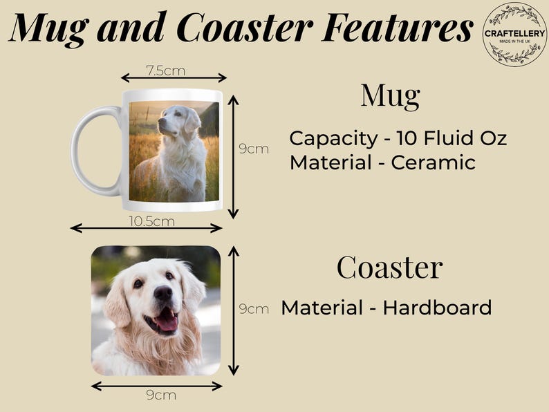 Mug ceramic 9cm tall by 7.5cm diameter, capacity 10 fluid ounces.  Hardboard coaster 9cm by 9cm square