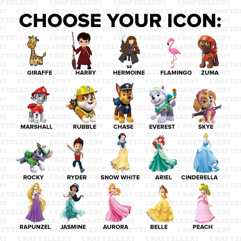 May include: A graphic featuring the text "CHOOSE YOUR ICON:" above illustrations of various cartoon characters. The characters include a giraffe, Harry Potter, Hermione, a flamingo, and characters from Paw Patrol and Disney.