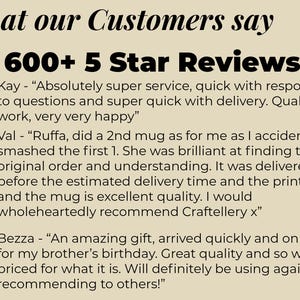 May include: A beige background with the text "What our Customers say" in black text. Below the text is a white rectangle with the text "600+ 5 Star Reviews!!" in black text. Below the rectangle are three customer reviews with a gold star to the left of each review. The first review is from Kay, the second review is from Val, and the third review is from Bezza.