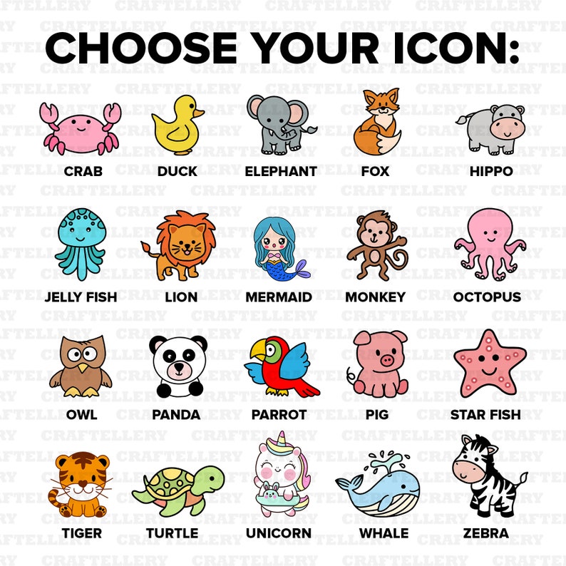 May include: A collection of cartoon animal icons, including a crab, duck, elephant, fox, hippo, jellyfish, lion, mermaid, monkey, octopus, owl, panda, parrot, pig, starfish, tiger, turtle, unicorn, whale, and zebra. The text "CHOOSE YOUR ICON:" is at the top.