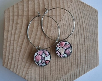 Pink hoop earrings, pink long earrings, pink pendant earrings, pink charm hoop earrings, gipsy earrings