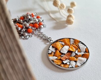 Orange round pendant necklace, orange choker necklace, double necklace, two thread necklace, long necklace, orange long necklace