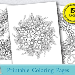 Floral Coloring Pages for Adults 15 Printable Coloring Pages Instant Download PDF Grown-up Coloring Pages Mandala Coloring