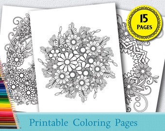 Floral Coloring Pages for Adults 15 Printable Coloring Pages Instant Download PDF Grown-up Coloring Pages Mandala Coloring