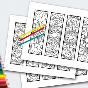 May include: Four black and white printable bookmark designs featuring intricate mandala patterns. The bookmarks are ready to be colored in with colored pencils, markers, or crayons.