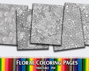 Floral Coloring Pages for Adults 5 Printable Coloring Pages Instant Download PDF Grown-up Coloring Pages Printable adult coloring page