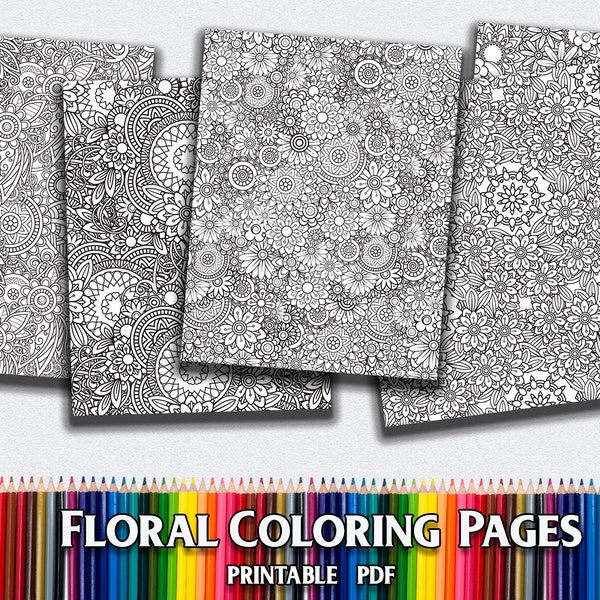 Floral Coloring Pages for Adults 5 Printable Coloring Pages Instant Download PDF Grown-up Coloring Pages Printable adult coloring page