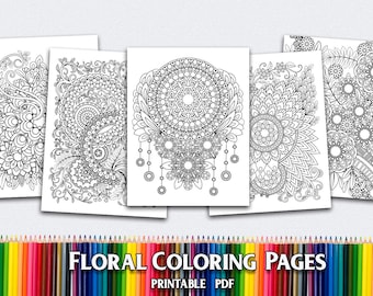 Floral Coloring Pages for Adults 5 Printable Coloring Pages Instant Download PDF Grown-up Coloring Pages Printable adult coloring page