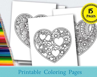 Floral Heart Printable Coloring Pages, Mothers Day Coloring Pages, Valentines Day.