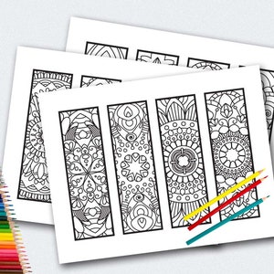May include: Four black and white printable bookmark designs with intricate patterns. Each bookmark features a different mandala-like design.
