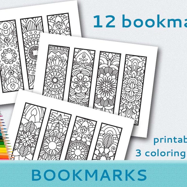 Printable coloring bookmarks set, printable PDF, adult coloring pages, mandala bookmarks