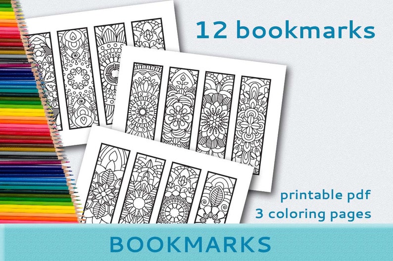 May include: Printable coloring pages for 12 bookmarks featuring intricate black and white mandala designs. The pages are labeled "12 bookmarks" and "BOOKMARKS".