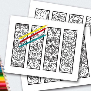 May include: Five black and white printable bookmark designs featuring intricate floral patterns. The bookmarks are rectangular and have a black border.
