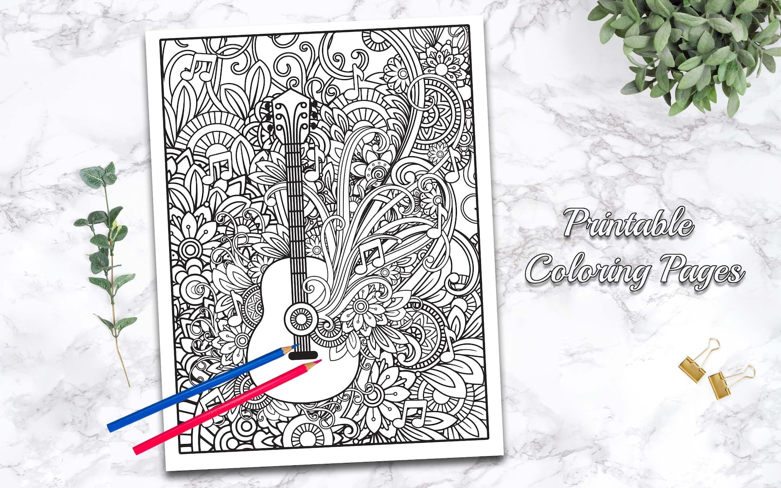 Music Coloring Pages for Adults, 5 Printable Floral Coloring Pages