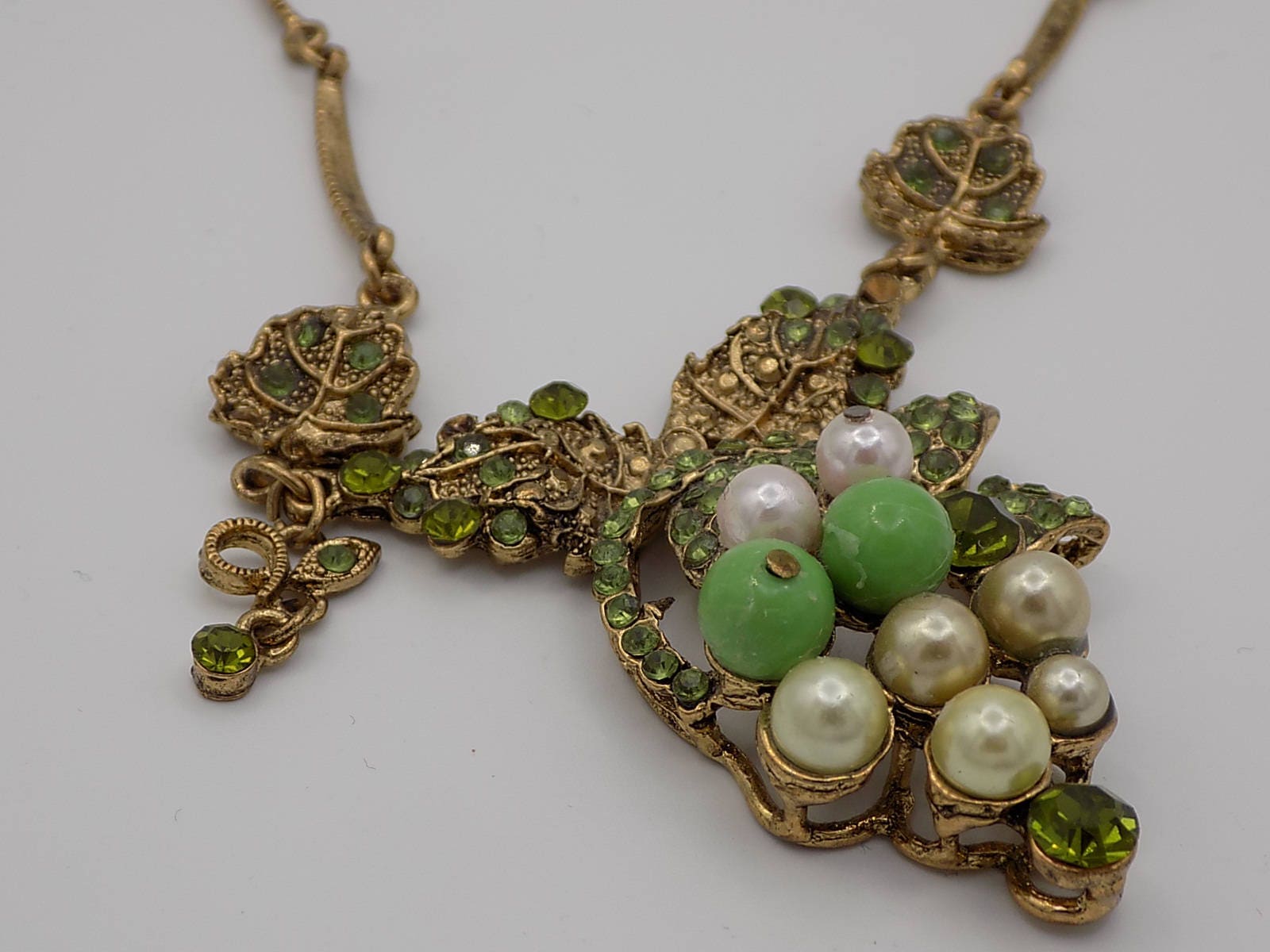 Gold metal necklace pendant vintage beads green beige | Etsy