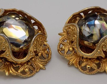 Boucles d'oreilles,métal doré,une grosse pierre,Clips,Année 80,cadeau Saint Valentin,cadeau femme,bijoux femme,cadeau vintage,cadeau fille
