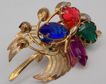 Broche Ancienne Dorée à Perles Et Fleurs - Bijou Fantaisie Vintage Plaqué Or