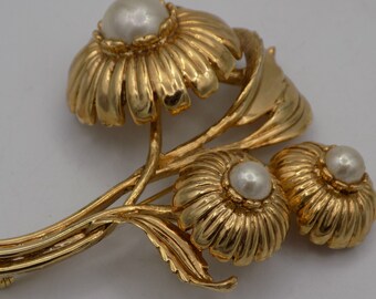 Broche Vintage En Métal Doré Fleurs Stylisées Années 50 - Occasion, Sans Marque - Bijou Rétro élégant