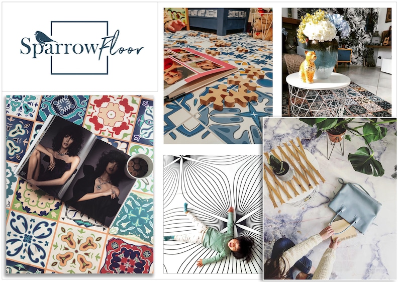 Puede incluir: Un collage de im&aacute;genes que muestran diferentes estilos de baldosas para pisos. Las baldosas presentan varios patrones, colores y texturas, incluyendo dise&ntilde;os geom&eacute;tricos, motivos florales y patrones abstractos. Las im&aacute;genes muestran las baldosas en varios entornos, como una sala de estar, un dormitorio y una cocina.