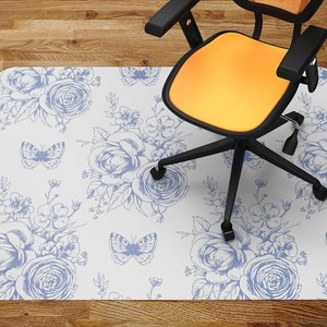 Chair Mat Blue Floral Motivies And Butterflies Chair Mat, Splash Mat, Office Office Chair Mat, Aesthetic Decoration, Area Floor Mat