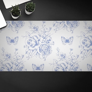 Blue Floral Motivies And Butterflies Desk Mat, Table Protection,  Trendy Workspace, Keyboard Pad, Custom Desk Mat,  Home Office Decor