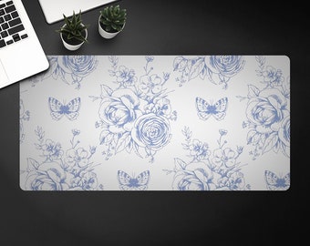 Blue Floral Motivies And Butterflies Desk Mat, Table Protection,  Trendy Workspace, Keyboard Pad, Custom Desk Mat,  Home Office Decor