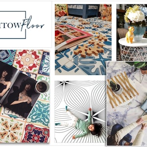 May include: A collage of images showcasing different styles of floor tiles. The tiles feature various patterns, colours, and textures, including geometric designs, floral motifs, and abstract patterns. The images depict the tiles in various settings, such as a living room, a bedroom, and a kitchen.