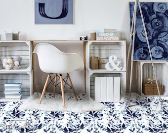 Indigo Vinyl PVC Flooring, Scandinavian Vinyl Flooring, Floral Floor Covering, DIY Flooring #16F