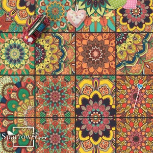 May include: A colourful patterned floor tile design with a variety of mandala patterns in shades of orange, yellow, green, blue, and red. The tiles are arranged in a grid pattern.