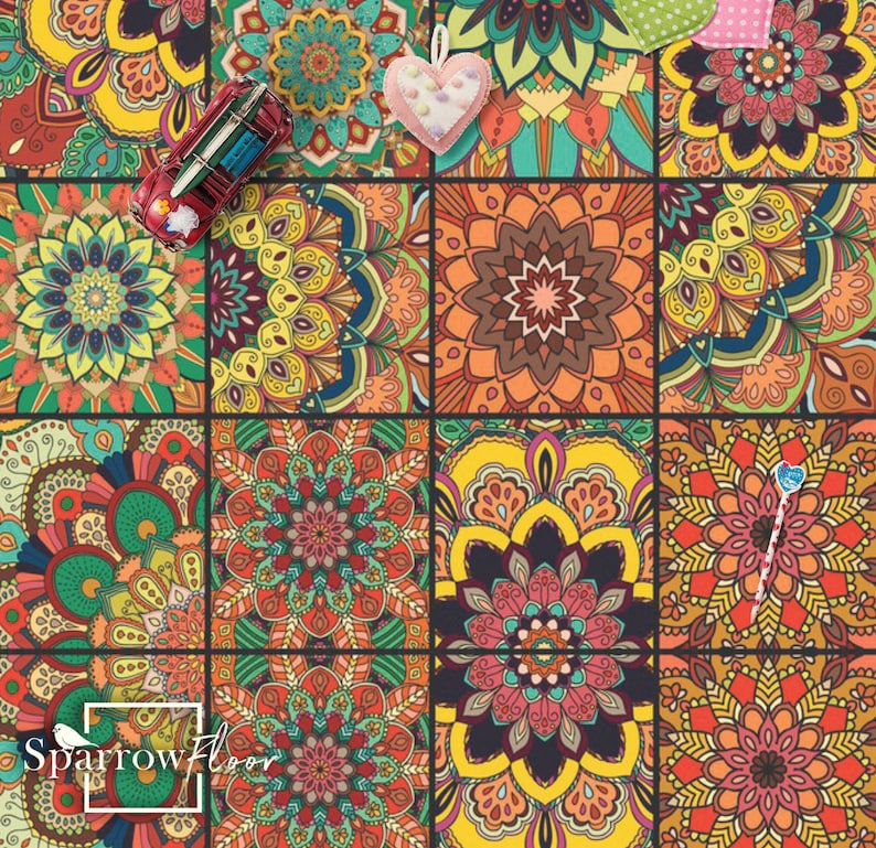 May include: A colourful patterned floor tile design with a variety of mandala patterns in shades of orange, yellow, green, blue, and red. The tiles are arranged in a grid pattern.