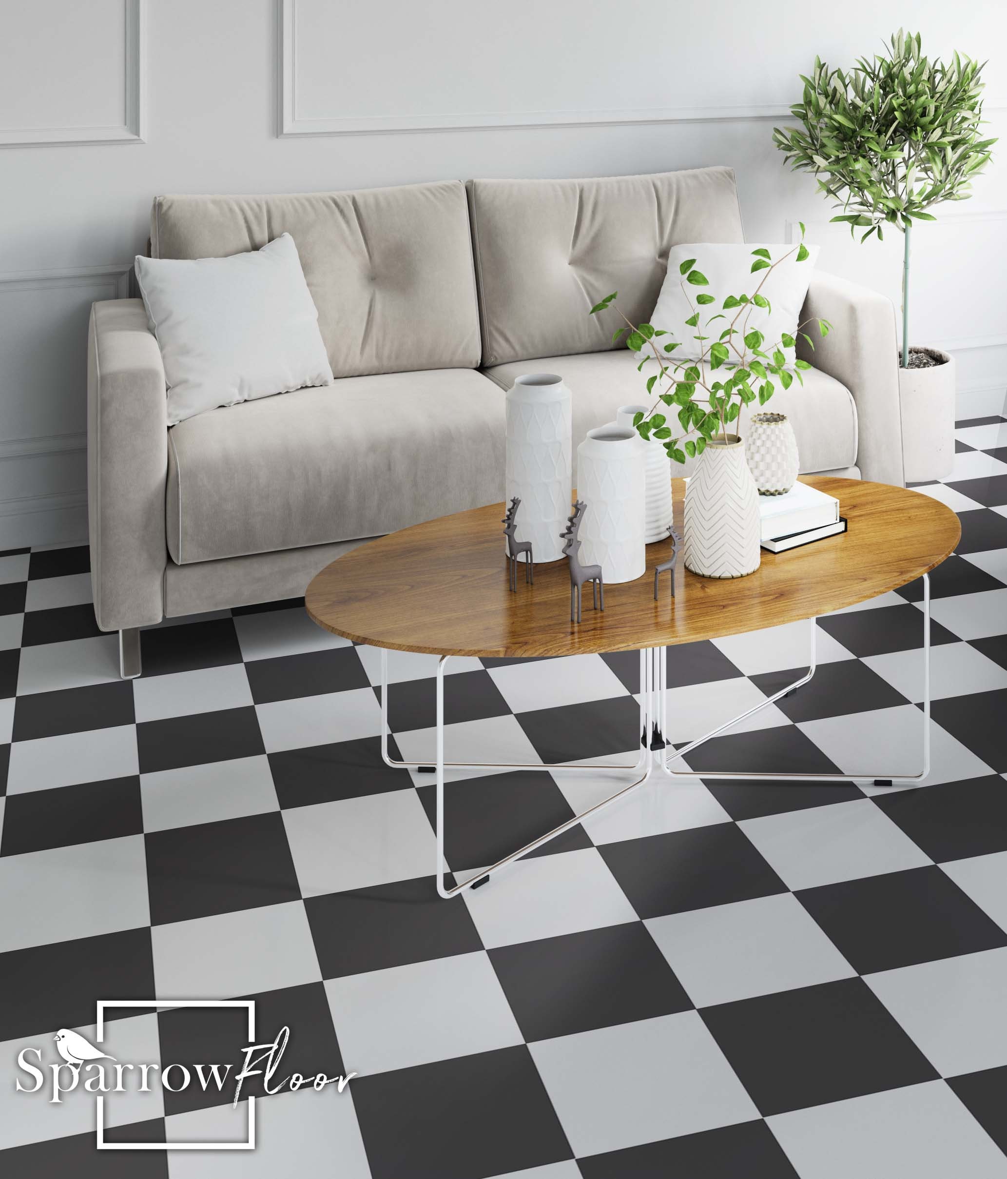 Black & White Venice Tile Vinyl / Lino Roll Flooring 2m & 4m Width Kit