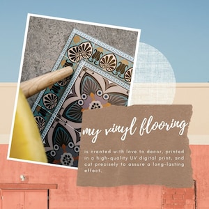Puede incluir: Un primer plano de una baldosa de suelo de vinilo con un patr&oacute;n geom&eacute;trico colorido. El texto "my vinyl flooring is created with love to decor, printed in a high-quality UV digital print, and cut precisely to assure a long-lasting effect." est&aacute; escrito sobre un fondo de papel marr&oacute;n.