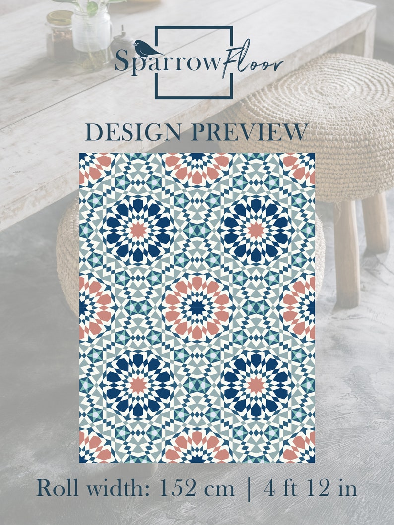 Puede incluir: Una vista previa del dise&ntilde;o de un papel tapiz con patr&oacute;n geom&eacute;trico en colores azul, blanco y coral. El ancho del rollo es de 152 cm o 4 pies 12 pulgadas.