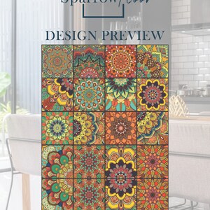 May include: A design preview of a patterned floor tile featuring a repeating mandala design in shades of orange, yellow, green, and blue. The text "Sparrow Floor" and "DESIGN PREVIEW" is visible at the top of the image. The text "Roll width: 152 cm | 4 ft 12 in" is visible at the bottom of the image.