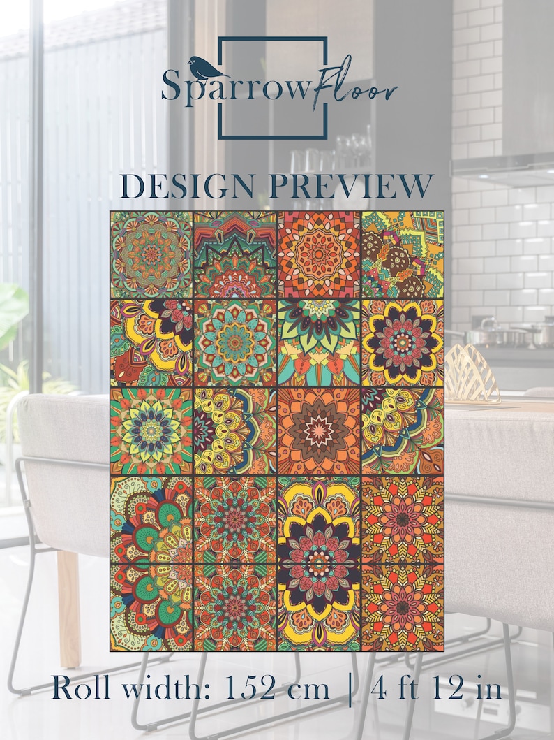 May include: A design preview of a patterned floor tile featuring a repeating mandala design in shades of orange, yellow, green, and blue. The text "Sparrow Floor" and "DESIGN PREVIEW" is visible at the top of the image. The text "Roll width: 152 cm | 4 ft 12 in" is visible at the bottom of the image.