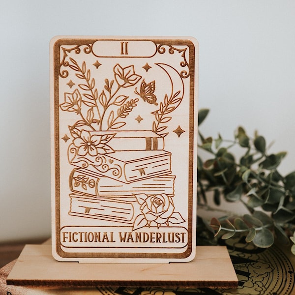 Book Themed Tarot Card Shelf Sitter w/Stand - Fictional Wanderlust - Wooden Shelf Sign