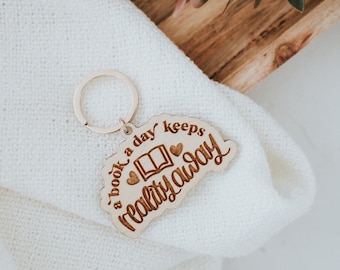 A Book A Day Keeps Reality Away Wooden Keychain | Book Lover Gift | Reading Themed