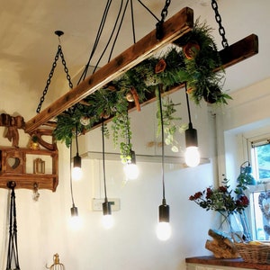 Handmade 6 Pendant Rustic Vintage Industrial Style Wooden Ladder Light Farmhouse Chandelier Light Fitting With Plants