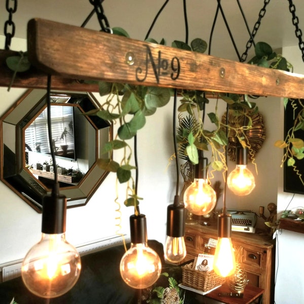Rustic, vintage, farmhouse, pendant, wooden, quirky, unusual ladder lighting chandelier. For over dining table, livingroom, kitchen and hall