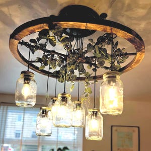 Large Rustic Wooden Cartwheel Chandelier, 6 Mason Jar Pendant Lights, Farmhouse Ceiling Fixture