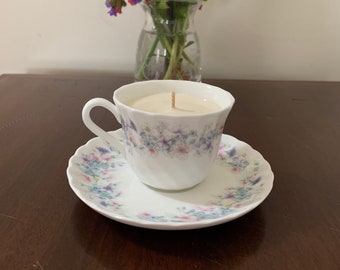 Wedgwood, England vintage c1975 bone china teacup and saucer in Angela pattern with lavender palma rosa ylang ylang scented soy wax candle