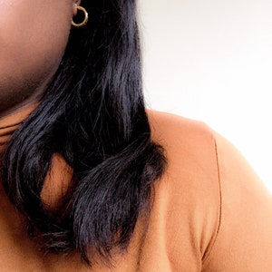 May include: A woman with long black hair wearing a brown turtleneck sweater. She is wearing a small gold hoop earring in her left ear.