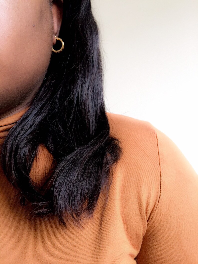 May include: A woman with long black hair wearing a brown turtleneck sweater. She is wearing a small gold hoop earring in her left ear.